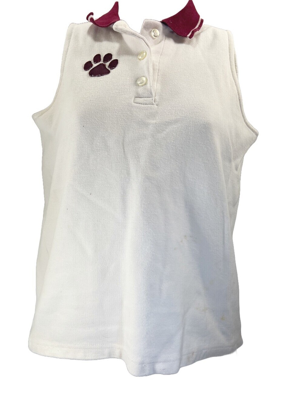 VTG Paw Print Varsity Cheer Sleeveless Polo Shirt White Maroon Red Womens Small